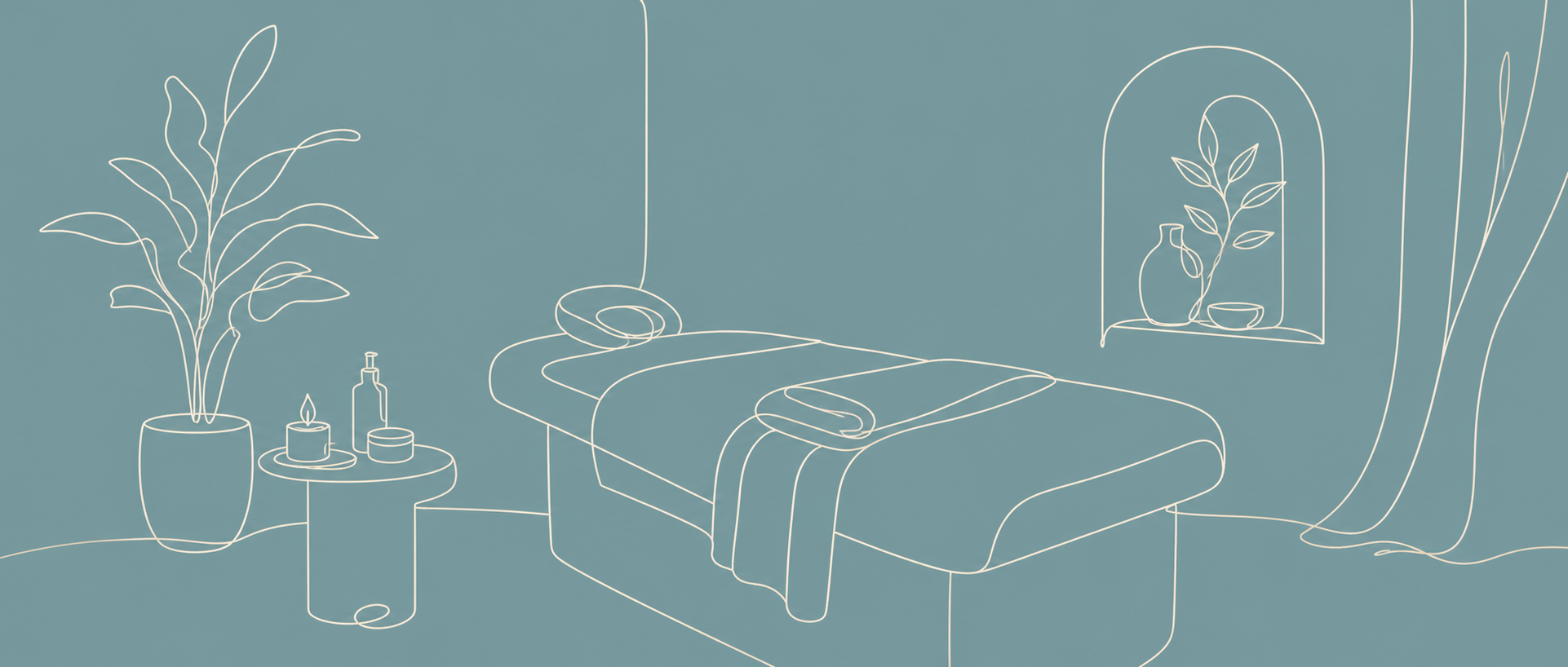 Liniowa ilustracja spokojnego wnętrza gabinetu BIOLIFT Day Spa
