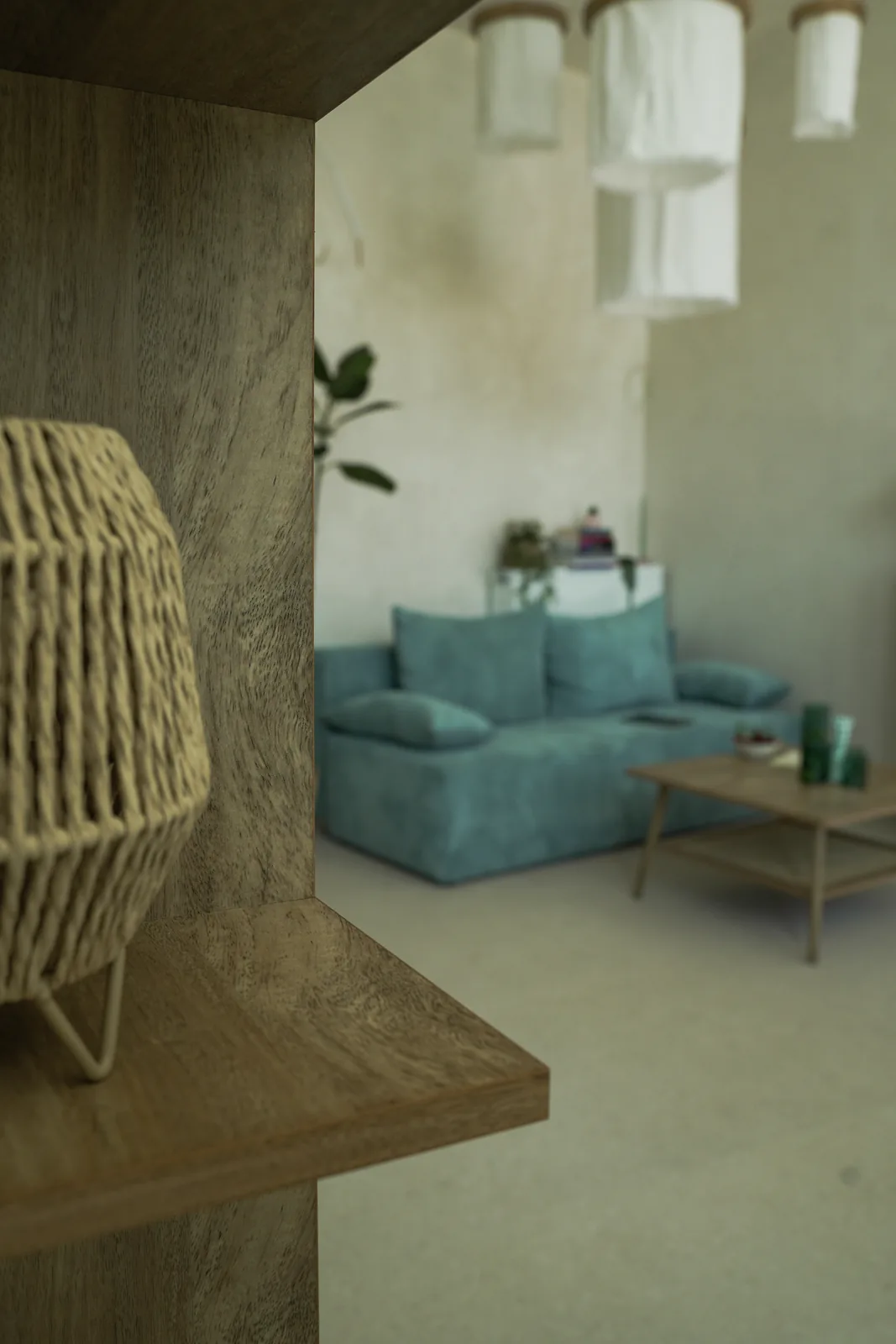 Turkusowa sofa i naturalne drewno w strefie wypoczynku
